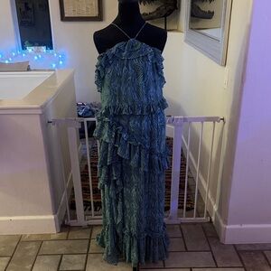 Cinq à Sept Teal One Shoulder Ruffled Dress